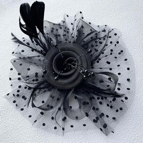 قبعة LXKBD Fascinators مزودة بريش شبكي على شكل زهرة على عصابة رأس ومشبك شعر وأغطية رأس لحفلات الكوكتيل والشاي للفتيات والنساء باللون الأسود in Kuwait