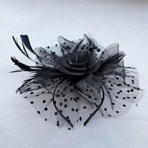 قبعة LXKBD Fascinators مزودة بريش شبكي على شكل زهرة على عصابة رأس ومشبك شعر وأغطية رأس لحفلات الكوكتيل والشاي للفتيات والنساء باللون الأسود in Kuwait