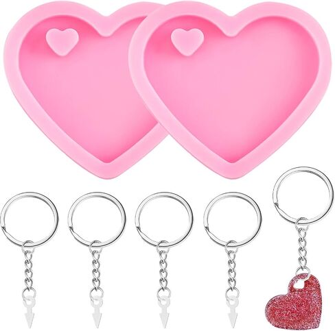 2 Pieces Heart Shape Silicone Keychain Mold Chocolate Candy Molds Silicone Fondant Baking Molds with 5 Pieces Key Rings for DIY Keychain Decoration, Homemade Dessert in Saudi Arabia