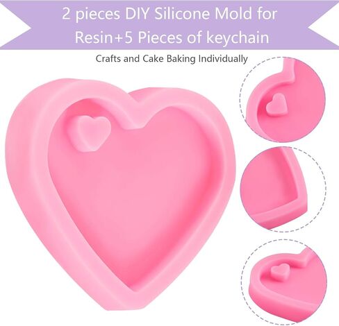 2 Pieces Heart Shape Silicone Keychain Mold Chocolate Candy Molds Silicone Fondant Baking Molds with 5 Pieces Key Rings for DIY Keychain Decoration, Homemade Dessert in Saudi Arabia