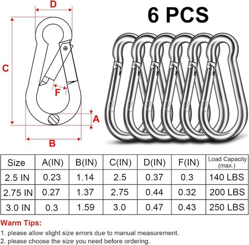 Carabiner-Heavy-Duty, 6 Pack 2.5" Small Carabiner-Clips with Strong Spring-Stainless Steel Snap Hooks for Climbing Hiking Gym Keycháin and Dog Leash and Harness in Saudi Arabia