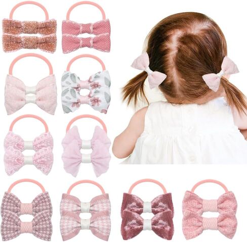 10 Pairs Baby Girl Bow Elastic Hair Ties Set, Tiny Hair Rings with Pom Pom, Boutique Ponytail Holders Rubber Band for Thin Hair Infant Toddlers in Saudi Arabia