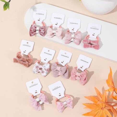 10 Pairs Baby Girl Bow Elastic Hair Ties Set, Tiny Hair Rings with Pom Pom, Boutique Ponytail Holders Rubber Band for Thin Hair Infant Toddlers in Saudi Arabia