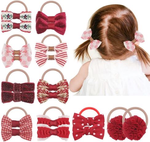 10 Pairs Baby Girl Bow Elastic Hair Ties Set, Tiny Hair Rings with Pom Pom, Boutique Ponytail Holders Rubber Band for Thin Hair Infant Toddlers in Saudi Arabia