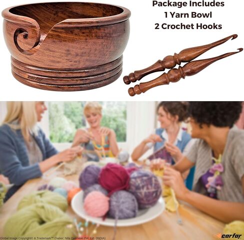 مجموعة وعاء غزل الحياكة من كارفار وخطاطيف كروشيه مصنوعة يدويًا من الخشب ووعاء حامل للحياكة والحياكة in Kuwait