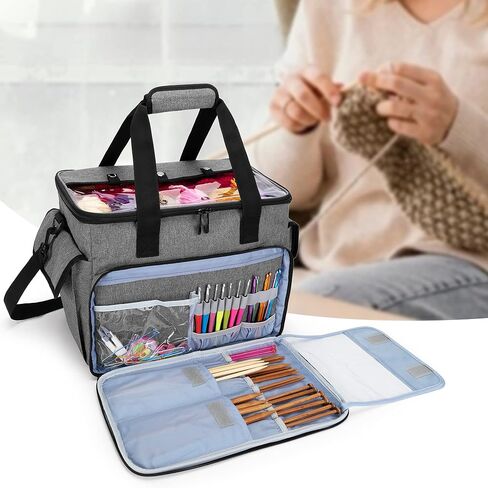 CURMIO Knitting Bag, Yarn Storage Tote with Compartments for Knitting Needles, Crochet Hooks, Knitting Project and Accessories, Bag Only, Dandelion in Kuwait