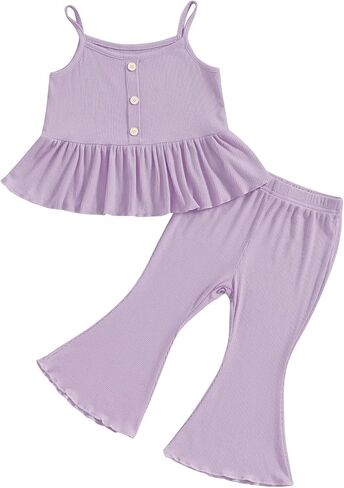 Toddler Baby Girl Clothes Set Solid Ribbed Knit Ruffled Cami Tops with Flare Pants Infant 2Pcs Summer Outfits in Saudi Arabia