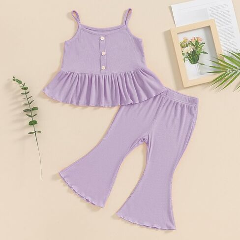 Toddler Baby Girl Clothes Set Solid Ribbed Knit Ruffled Cami Tops with Flare Pants Infant 2Pcs Summer Outfits in Saudi Arabia