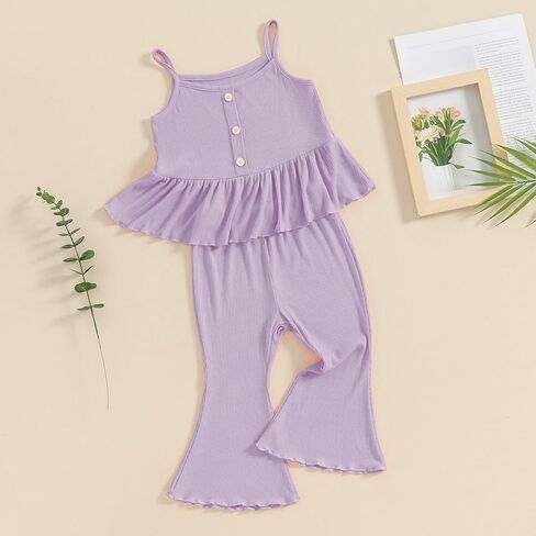 Toddler Baby Girl Clothes Set Solid Ribbed Knit Ruffled Cami Tops with Flare Pants Infant 2Pcs Summer Outfits in Saudi Arabia