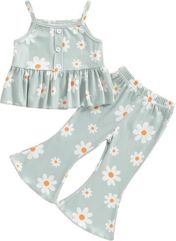 Toddler Baby Girl Clothes Set Solid Ribbed Knit Ruffled Cami Tops with Flare Pants Infant 2Pcs Summer Outfits in Saudi Arabia