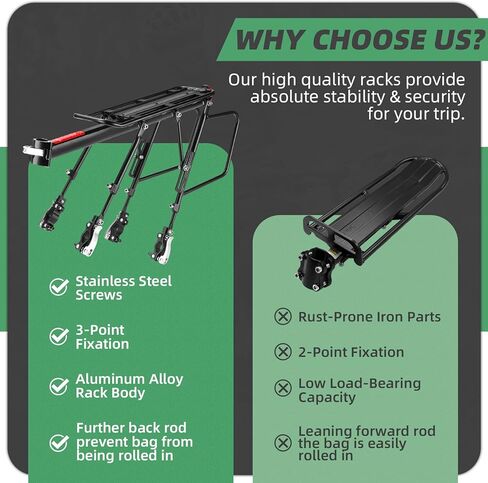رف الدراجة الخلفي من WEST BIKING - تحميل 220 رطلًا، رفوف شحن عالمية قابلة للتعديل من سبائك الألومنيوم للدراجة، رف خلفي لأمتعة الدراجة خفيف الوزن مقاوم للماء مع تصميم سريع الاتصال لدراجة الطريق، MTB، Ebikes in Kuwait