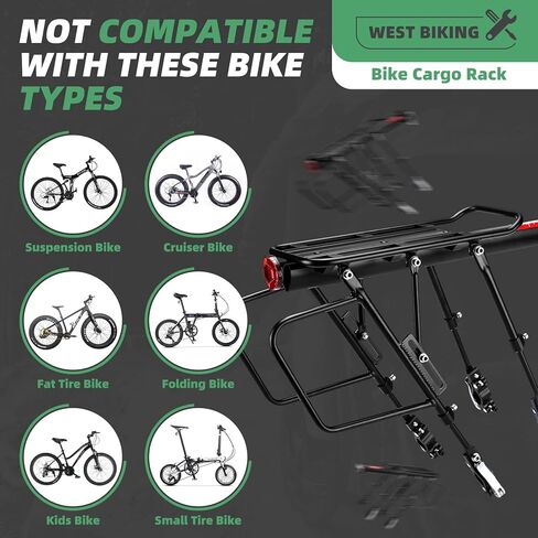 رف الدراجة الخلفي من WEST BIKING - تحميل 220 رطلًا، رفوف شحن عالمية قابلة للتعديل من سبائك الألومنيوم للدراجة، رف خلفي لأمتعة الدراجة خفيف الوزن مقاوم للماء مع تصميم سريع الاتصال لدراجة الطريق، MTB، Ebikes in Kuwait