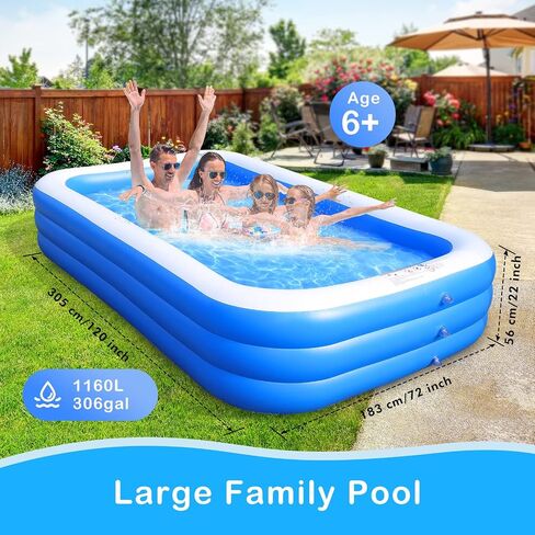 Sumbee Inflatable Swimming Kiddie Pool for Adults Kids Ages 6-12, Size 120" X 72" X 22" Large Blow Up Pool for Family Backyard Outdoor Toddler,Big Rectangle Pool for Children,Full-Sized,Blue in Saudi Arabia