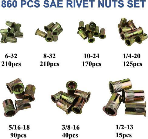 TR TOOLROCK 860 قطعة SAE مجموعة متنوعة من صواميل البرشام ومجموعة مسدس صامولة 13 بوصة، SAE UNC 6#-32 8#-32 10#-24 1/4"-20 5/16"-18 3/8"-16 1/ 2 "-13، مجموعة صامولة برشام مع حقيبة حمل متينة in Kuwait