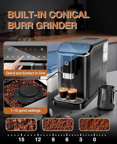Automatic Espresso Machine with 20 Bar Pressure – One-Touch Coffee Maker, Built-in Grinder & Milk Frother, 6 Custom Recipes, 1.5L Water Tank, Auto Self-Cleaning, 120V for Home & Office (Black&Silver) in Saudi Arabia