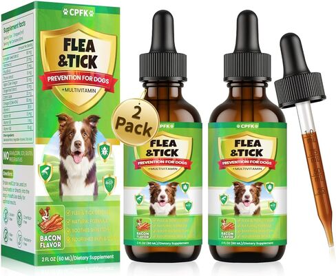 Flea and Tick Prevention for Dogs, 60 ML (2 FL OZ) 2 Pack Natural Oral Flea and Tick Drops for Dogs Containing Multivitamin All Breeds and Sizes Fleas Control for Dog Bacon Flavor in Kuwait