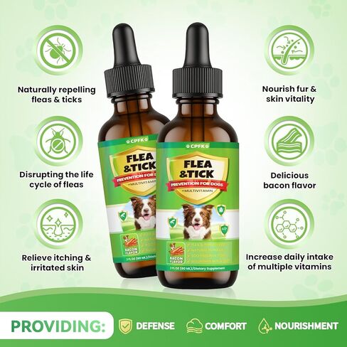 Flea and Tick Prevention for Dogs, 60 ML (2 FL OZ) 2 Pack Natural Oral Flea and Tick Drops for Dogs Containing Multivitamin All Breeds and Sizes Fleas Control for Dog Bacon Flavor in Kuwait