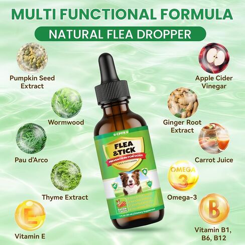 Flea and Tick Prevention for Dogs, 60 ML (2 FL OZ) 2 Pack Natural Oral Flea and Tick Drops for Dogs Containing Multivitamin All Breeds and Sizes Fleas Control for Dog Bacon Flavor in Kuwait