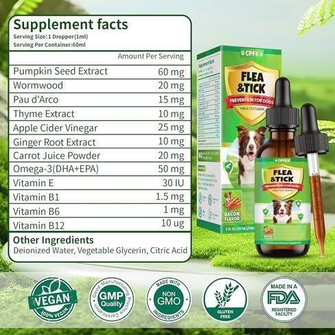 Flea and Tick Prevention for Dogs, 60 ML (2 FL OZ) 2 Pack Natural Oral Flea and Tick Drops for Dogs Containing Multivitamin All Breeds and Sizes Fleas Control for Dog Bacon Flavor in Kuwait
