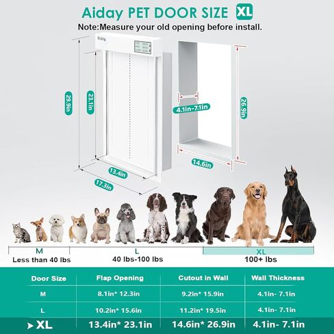 باب آلي للكلاب للجدار مزود بأطواق استشعار، باب ذكي كبير للحيوانات الأليفة للجدار، جدولة مخصصة ومضاد للقرص، يناسب الكلاب الكبيرة التي يصل وزنها إلى 100 رطل (طول) in Kuwait