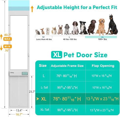 باب زجاجي منزلق أوتوماتيكي للكلاب مع مستشعر للياقة، باب هزلي كهربائي كبير جدًا لأبواب زجاجية منزلقة، ارتفاع منزلق قابل للتعديل من 76 بوصة إلى 80-11/16 بوصة، مضاد للقرص، يناسب الكلاب الكبيرة جدًا حتى 220 رطلاً (XL) in Kuwait