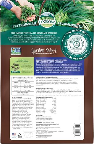 طعام الأرانب من Oxbow Garden Select، أرنب بالغ، مصنوع من قش تيموثي، حبيبات طعام الحيوانات الأليفة الغنية بالفيتامينات والمعادن، مستلزمات الأرنب، صنع في الولايات المتحدة الأمريكية، عالي الألياف، حقيبة بوزن 4 رطل in Kuwait