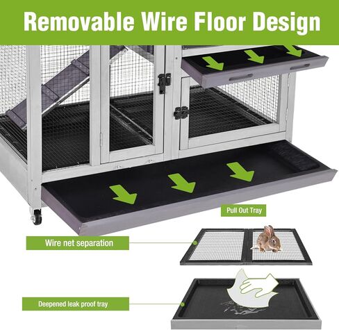 قفص أرنب Gutinneen مكون من طابقين مع منحدر مقاوم للمضغ وصواني مانعة للتسرب - قفص أرنب خشبي داخلي/خارجي 39.3 بوصة مع عجلات للأرانب وخنازير غينيا in Kuwait