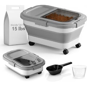 Summark 15 Lbs Dog/Cat Food Storage Container,Collapsible Food Storage Containers with Rolling Wheel Airtight Locking Lid,Pet Food Storage Container with Cup and Scoop,Grey in Kuwait