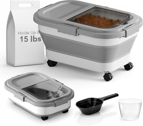 Summark 15 Lbs Dog/Cat Food Storage Container,Collapsible Food Storage Containers with Rolling Wheel Airtight Locking Lid,Pet Food Storage Container with Cup and Scoop,Grey in Kuwait