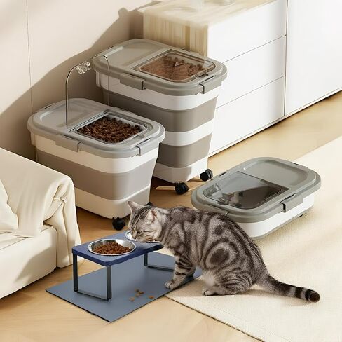 Summark 15 Lbs Dog/Cat Food Storage Container,Collapsible Food Storage Containers with Rolling Wheel Airtight Locking Lid,Pet Food Storage Container with Cup and Scoop,Grey in Kuwait