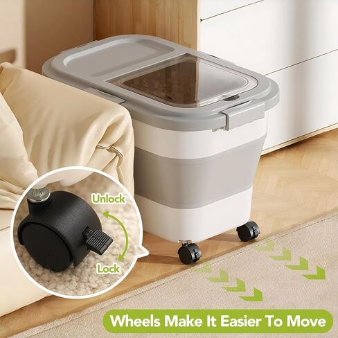 Summark 15 Lbs Dog/Cat Food Storage Container,Collapsible Food Storage Containers with Rolling Wheel Airtight Locking Lid,Pet Food Storage Container with Cup and Scoop,Grey in Kuwait