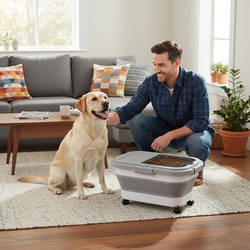 Summark 15 Lbs Dog/Cat Food Storage Container,Collapsible Food Storage Containers with Rolling Wheel Airtight Locking Lid,Pet Food Storage Container with Cup and Scoop,Grey in Kuwait