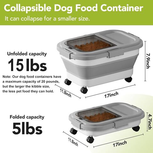 Summark 15 Lbs Dog/Cat Food Storage Container,Collapsible Food Storage Containers with Rolling Wheel Airtight Locking Lid,Pet Food Storage Container with Cup and Scoop,Grey in Kuwait