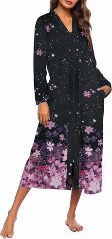 Ekouaer Women Zipper Robe Long Sleeve Loungewear Lightweight Housecoat Full Length Nightgown with Pockets in Kuwait
