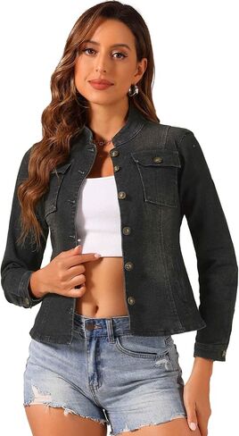 Allegra K Casual Denim Jacket for Women's Classic Stand Collar Long Sleeve Jean Jackets in Kuwait