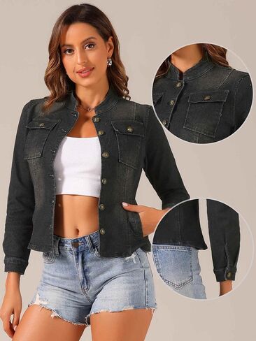 Allegra K Casual Denim Jacket for Women's Classic Stand Collar Long Sleeve Jean Jackets in Kuwait