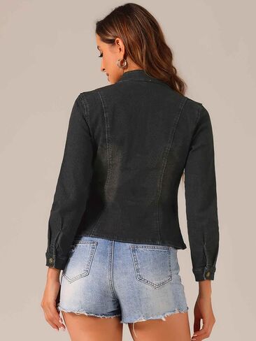 Allegra K Casual Denim Jacket for Women's Classic Stand Collar Long Sleeve Jean Jackets in Kuwait