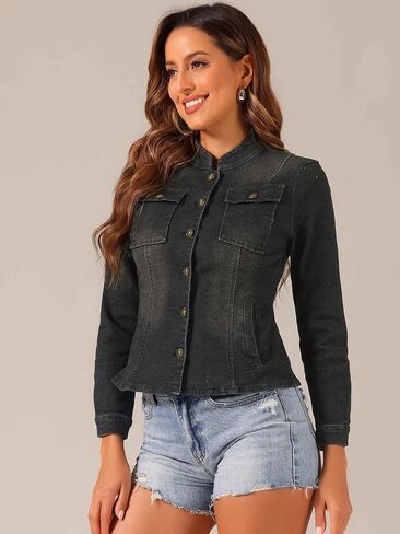 Allegra K Casual Denim Jacket for Women's Classic Stand Collar Long Sleeve Jean Jackets in Kuwait
