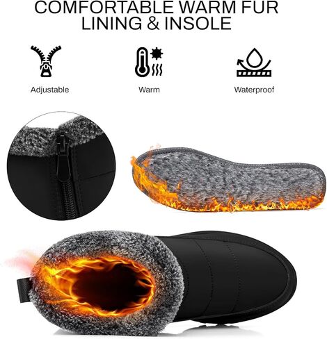 Winter Boots for Women Snow: Fur Lined Warm Ankle Boots | Water Resistant Anti-slip Zipper Outdoor Walking, Adjustable Comfortable Snow Shoes for Cold Weather Size 5-12 in Kuwait