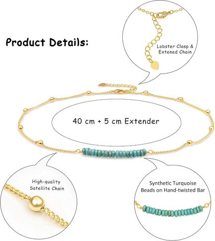 PERNNLA PEARL 18K Gold Satellite Beaded Curb Ball Chain Choker Turquoise Garnet Beads Bar Necklace Handmade Pendant Jewelry Adjustable for Women 16"+ 2" in Kuwait