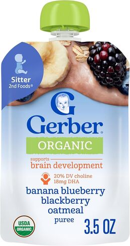 Gerber Organic Banana Blueberry Blackberry Oatmeal, 3.5 Oz, 12 Pack | Stage 2 organic puree pouch; banana blueberry blackberry oatmeal; 12 x 3.5 oz in Saudi Arabia