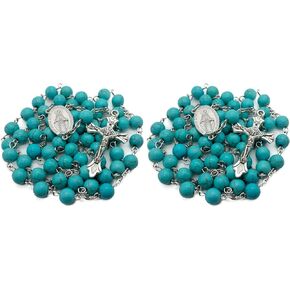 Nazareth Store Sky Blue Marble Stone Beads Rosary Turquoise Beaded Necklace Catholic Miraculous Medal & Jesus Cross in Kuwait