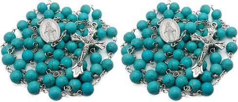 نازاريث ستور سبحة من حجر الرخام الازرق السماوي، قلادة خرز فيروزي، ميدالية كاثوليكية معجزة وصليب يسوع، 20 انش، حجر، بدون احجار كريمة in Kuwait