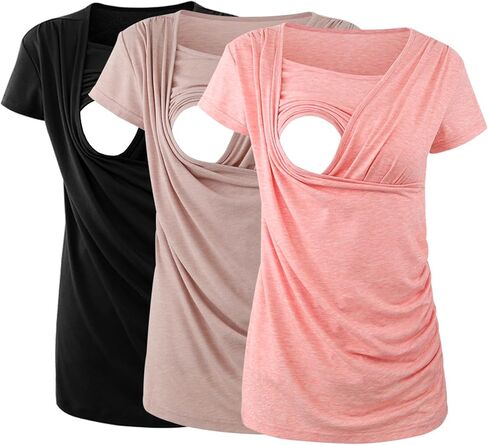 Ecavus 3PCS Women's Maternity Nursing Tops for Breastfeeding Short Sleeve Side Ruched Nursing Shirts in Saudi Arabia
