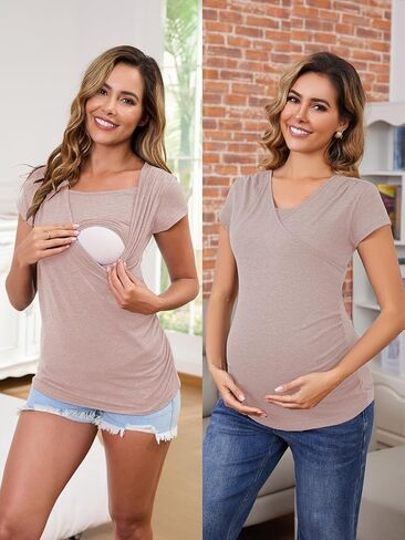 Ecavus 3PCS Women's Maternity Nursing Tops for Breastfeeding Short Sleeve Side Ruched Nursing Shirts in Saudi Arabia