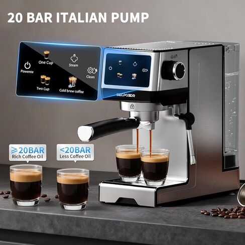 20Bar Espresso Machine with Hot & Rapid Cold Brew, Stainless Steel Coffee Makers, Cappuccino Latte Machine with Milk Frother Steam Wand for Home, 45oz Removable Water Tank, Touchscreen, Silver in Saudi Arabia