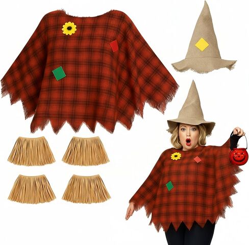 Ramede 6 Pcs Scarecrow Costume Set Include Scarecrow Hat Scarecrow Burlap Poncho Straw Wrist and Ankle Ties Scarecrow Costume Accessory for Women Men Halloween Thanksgiving Day Party in Saudi Arabia