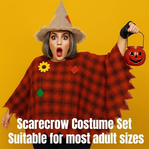 Ramede 6 Pcs Scarecrow Costume Set Include Scarecrow Hat Scarecrow Burlap Poncho Straw Wrist and Ankle Ties Scarecrow Costume Accessory for Women Men Halloween Thanksgiving Day Party in Saudi Arabia