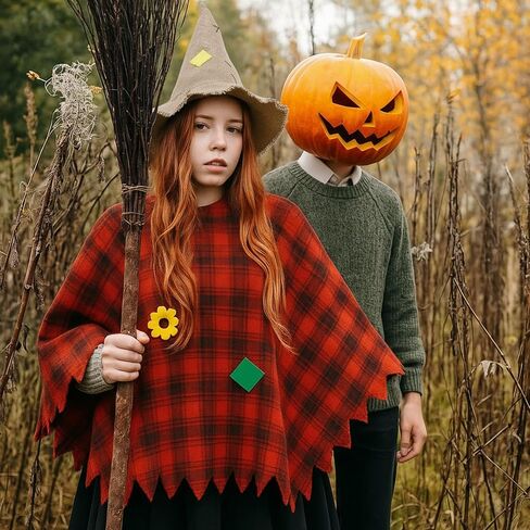Ramede 6 Pcs Scarecrow Costume Set Include Scarecrow Hat Scarecrow Burlap Poncho Straw Wrist and Ankle Ties Scarecrow Costume Accessory for Women Men Halloween Thanksgiving Day Party in Saudi Arabia
