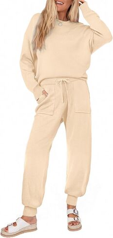 Ekouaer Women'S 2 Piece Lounge Set Long Sleeve Pajamas Sweatsuit Knit Pullover Sweater Jogger Pant Outfits With Pockets in Kuwait